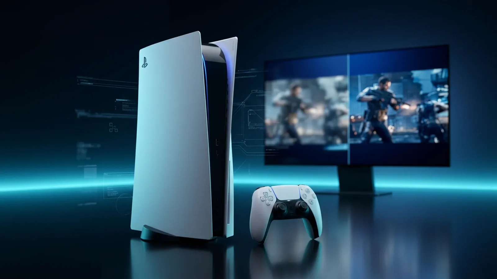 Black and white PlayStation 5 console next to a DualSense controller with a high-resolution game scene behind it