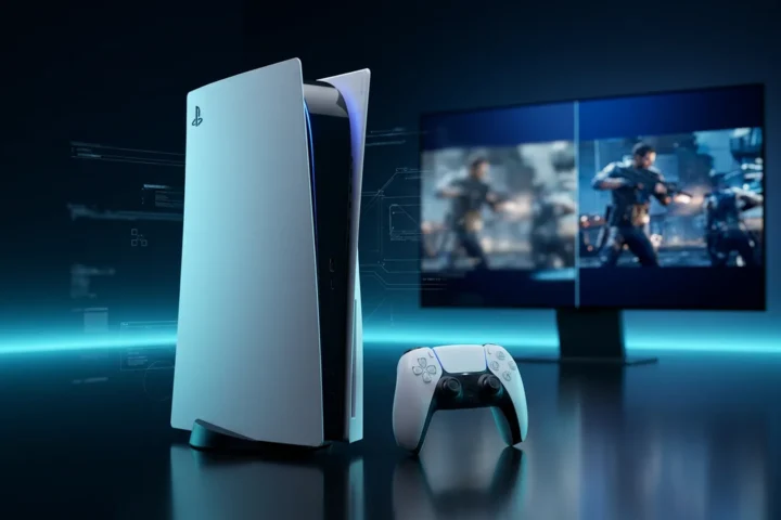 Console PlayStation 5 preto e branco ao lado de um controle DualSense com cena de jogo em alta resolução ao fundo