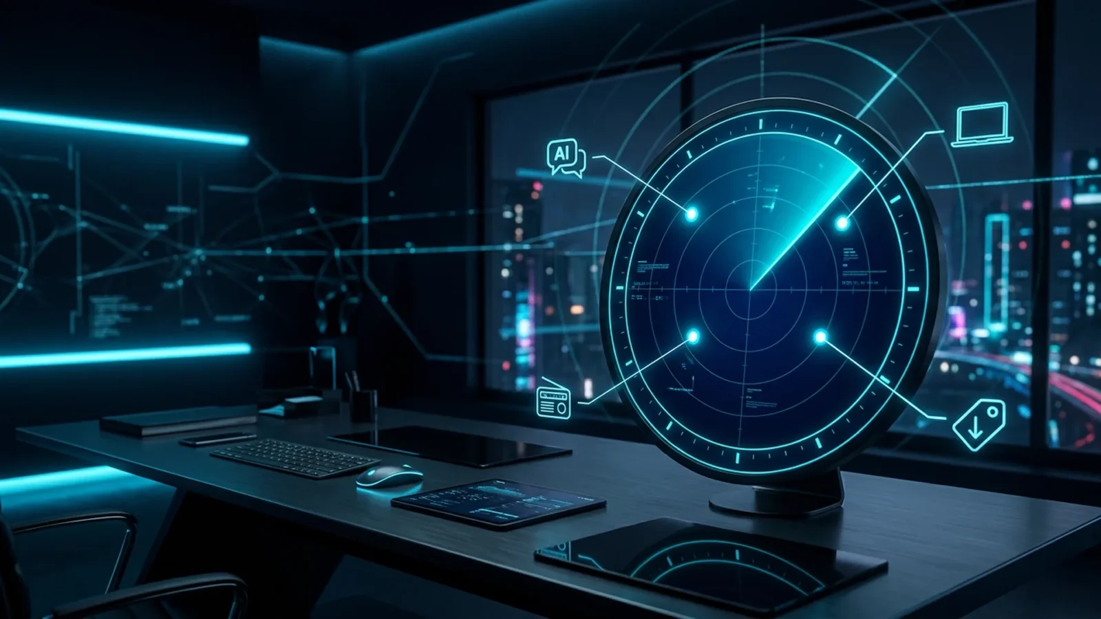 Circular radar console in navy and cyan with four highlighted markers on a dark desk