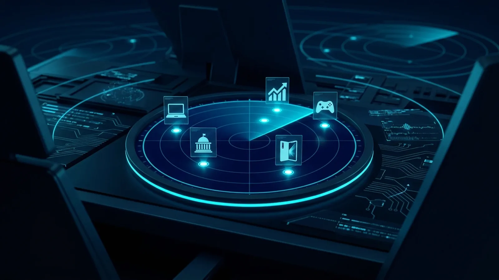 Cyan radar screen with markers showing the tech stories of the week of September 29 to October 5, 2026