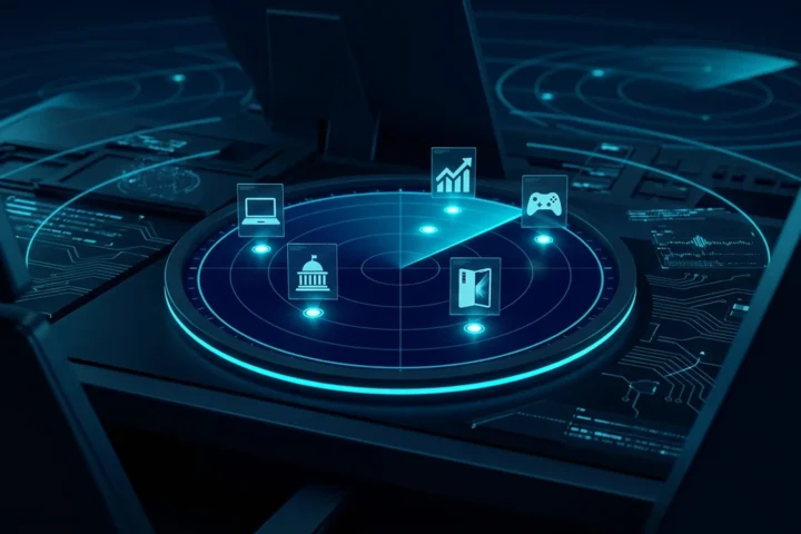 Cyan radar screen with markers showing the tech stories of the week of September 29 to October 5, 2026