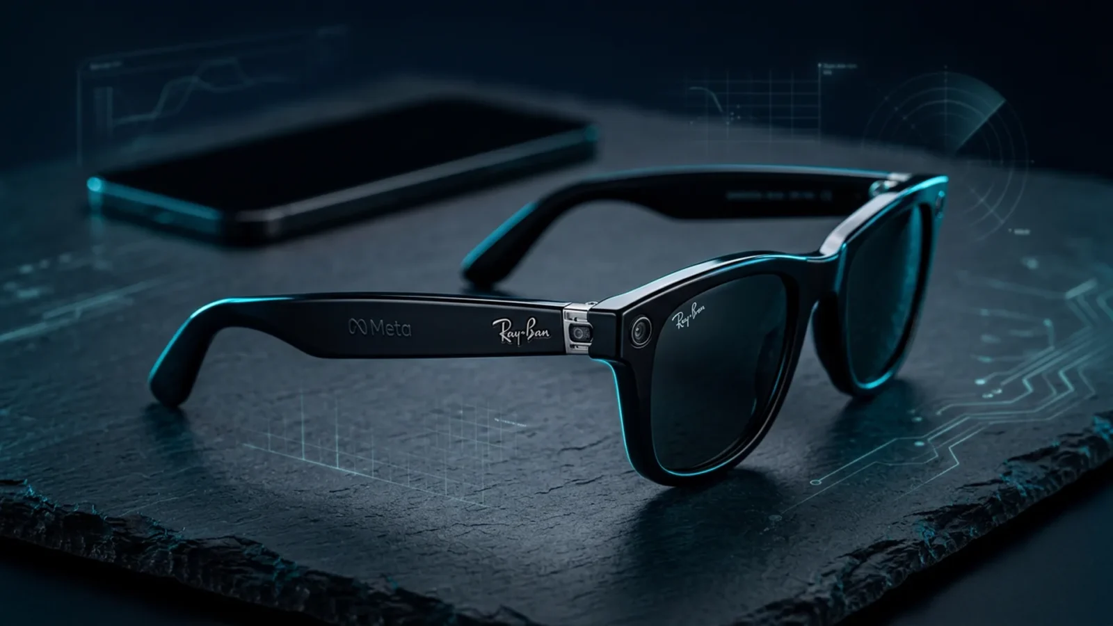 Third-generation Ray-Ban Meta glasses on a dark surface with cyan reflection and a blurred phone behind
