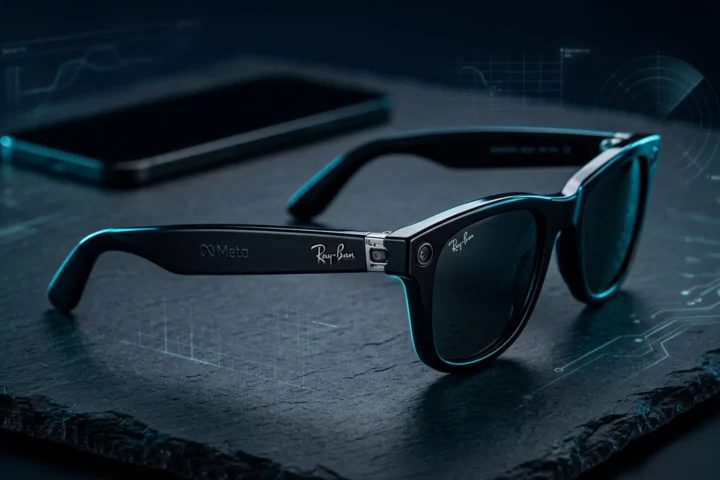 Third-generation Ray-Ban Meta glasses on a dark surface with cyan reflection and a blurred phone behind