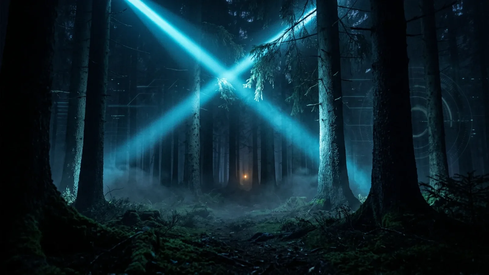 Floresta densa de pinheiros à noite com neblina e um facho de luz ciano cortando as árvores