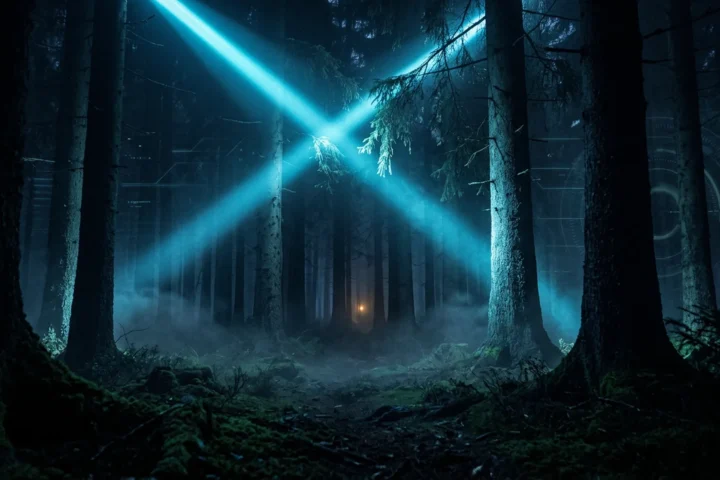 Dense pine forest at night with fog and a cyan beam of light cutting through the trees