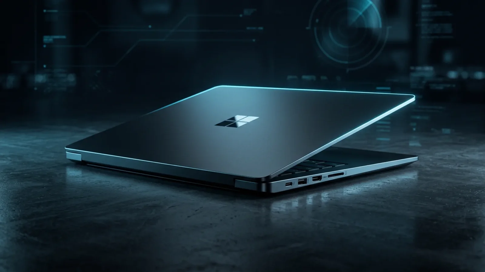 Notebook premium fechado sobre superfície escura de concreto com reflexo ciano na tampa metálica
