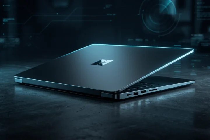 Notebook premium fechado sobre superfície escura de concreto com reflexo ciano na tampa metálica
