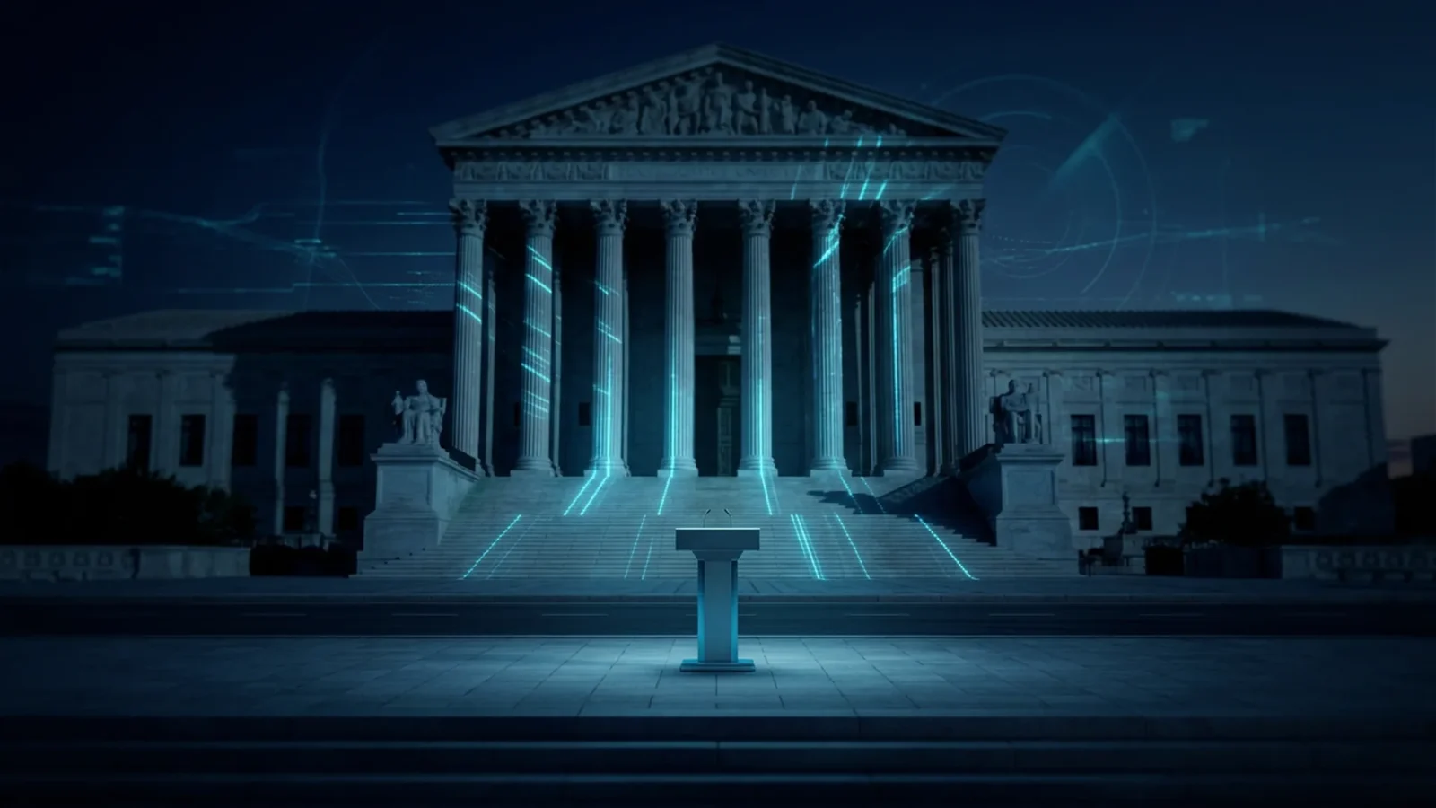 Institutional building facade in Washington at dusk with cyan data lines projected across the columns