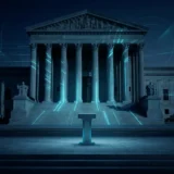 Institutional building facade in Washington at dusk with cyan data lines projected across the columns