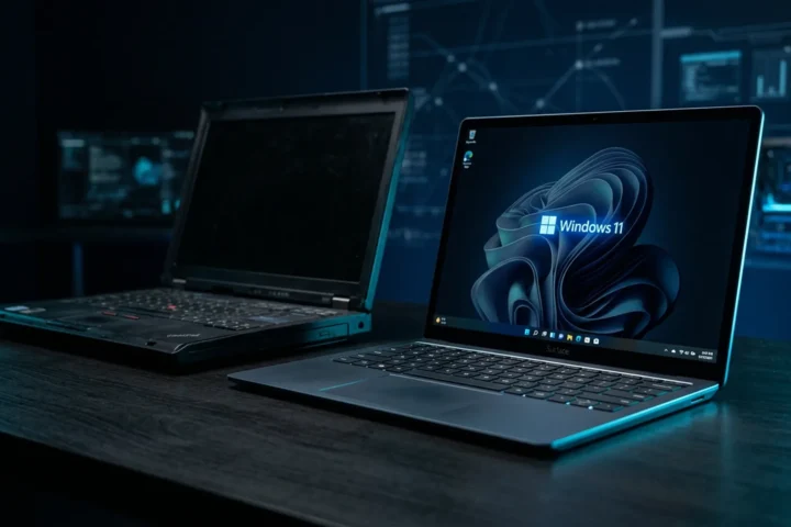 Notebook com Windows 11 exibindo File Explorer e ícone de backup em nuvem com luz ciano sobre fundo escuro