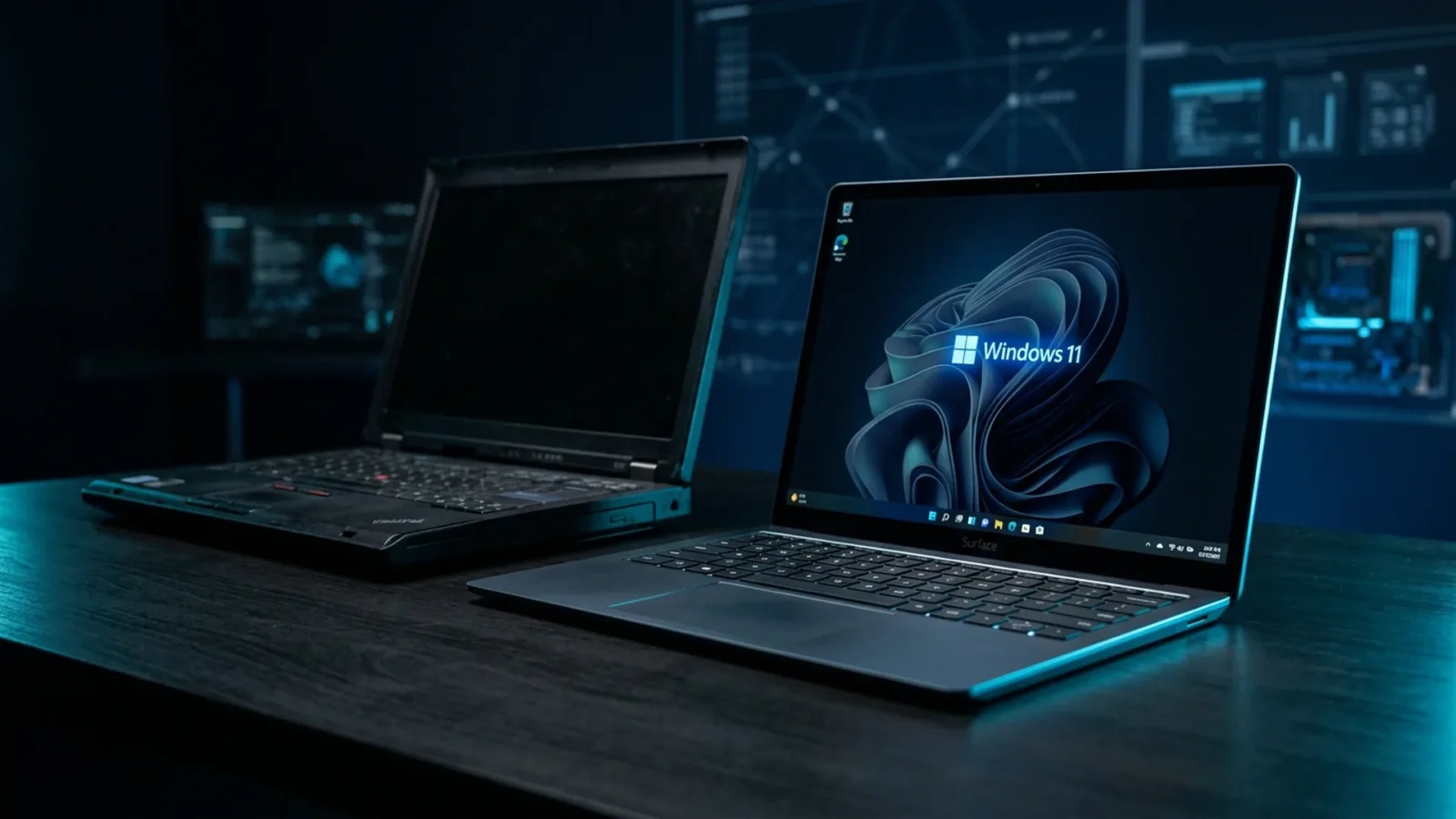 Laptop running Windows 11 showing File Explorer and a cloud backup icon in cyan light on a dark background